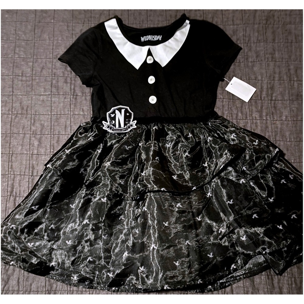 Wednesday Addams Nevermore Academy Girls Black Peter Pan Collar Tiered Dress 6/7